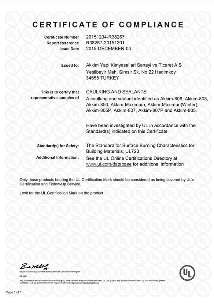 UL Certificate of Compliance